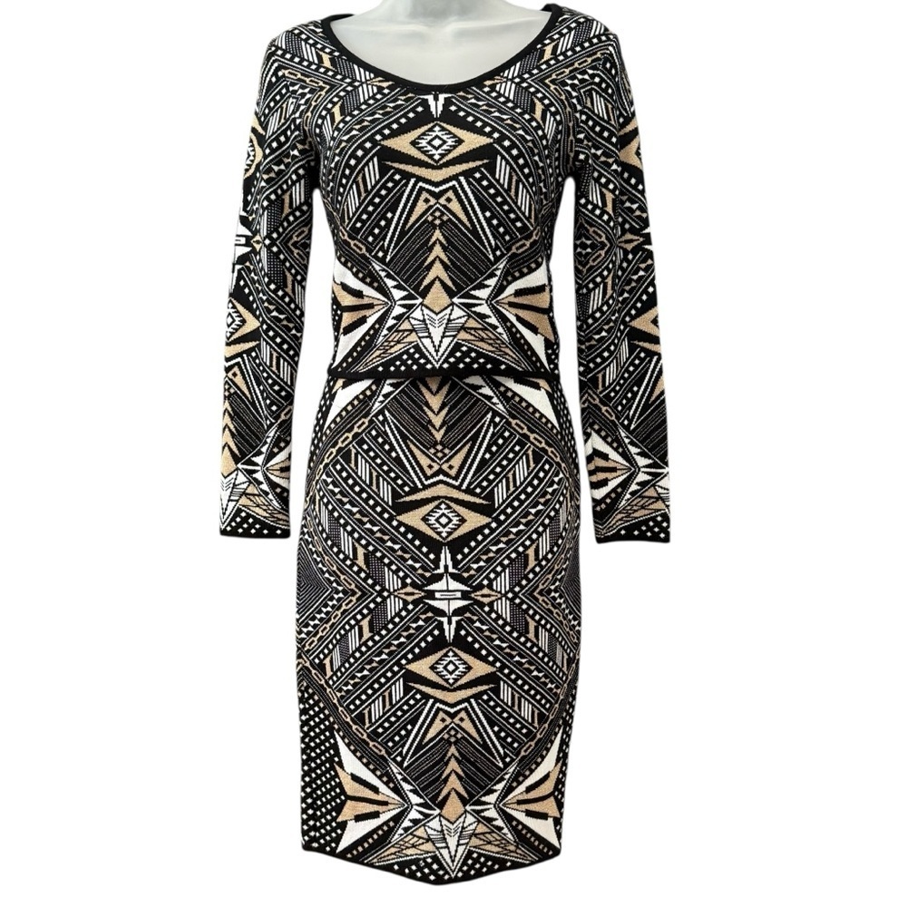Vintage UK2LA Black Gold Metallic Aztec Bodycon Sweater Skirt Set Y2K Boho M